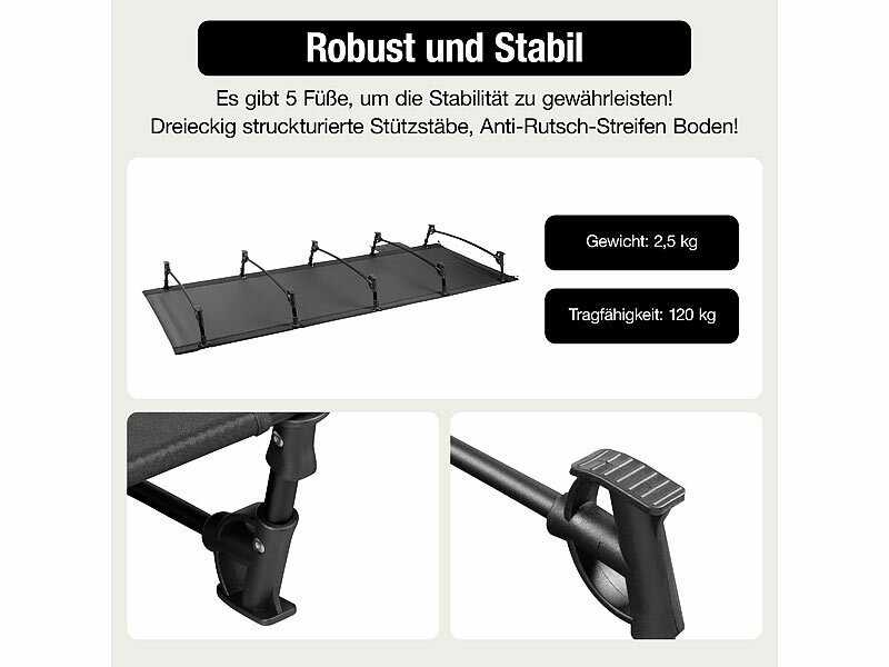 Klappbares Feldbett mit Auflage im Mini-Packmaß